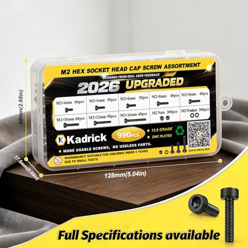 KADRICK 990PCS M2 Screws Kit,Class 12.9 Socket Head Cap Screw 4mm-16mm - size: M2 990Pcs