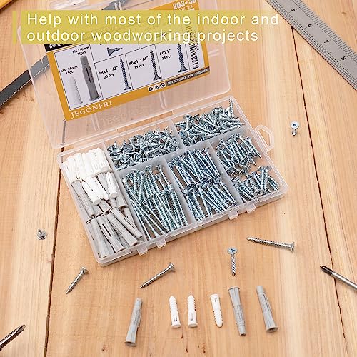JEGONFRI 203PCS 5 Sizes Wood Screws Assortment Kit & 30pcs Wall Anchors