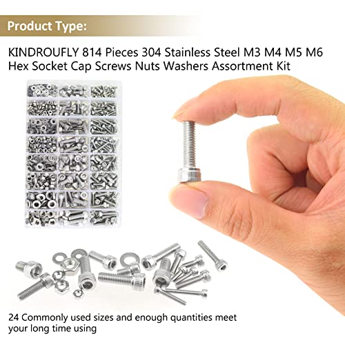 814 Pieces Socket Head Cap Screws Nuts Washers Kit, Kindroufly M3 M4 M5 M6 Screw Assortment Kit, Metric Screw Set, Bolts and Nuts, Machine Screws, 304 Stainless Steel, Fully Machine Thread - size: M3/M4/M5/M6, style: Socket Head