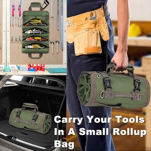 Heavy Duty Roll Up Tool Bag Organizer w/Detachable Pouches, Gifts for Men - color: Black