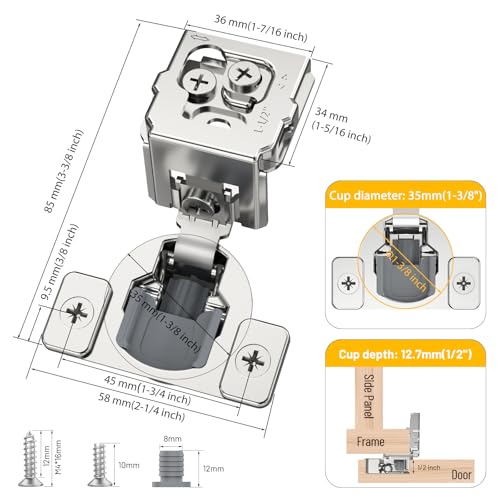 Furniware 20 Pack 10 Pairs 1-1/2 inch Overlay Soft Close Hinges for Face Frame Kitchen Cabinet Hinges Satin Nickel - 3 Way Adjustability Concealed Soft Close Hinges Damper Self Closing - size: 1-1/2 inch Overlay