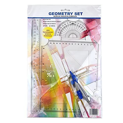 Coopay 12 Inch Math Geometry Tool Plastic Ruler Square Set Includes Straight Ruler, Triangles, Protractor, Compass, Pencil Lead, Pencil Sharpener for Student School Home Office Supplies - size: Math Geometry Tool