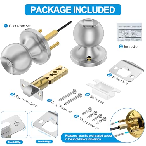 Plustool 10 Pack Privacy Door Knobs Interior, Satin Nickel Doorknob with Lock -ANSI Grade-3 Certified,Keyless Door Locks for Bedroom,Bathroom, Modern Heavy Duty Handle with Round Ball, Easy to Install