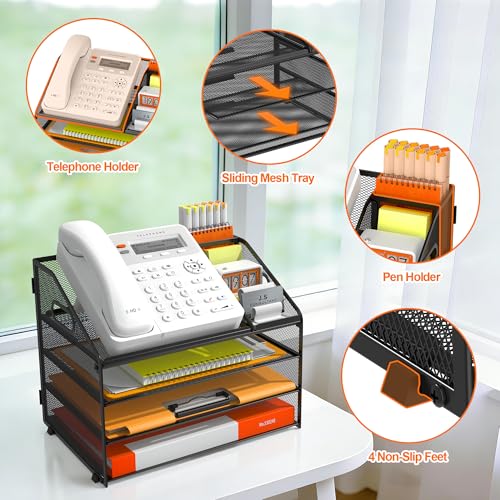 DocNest 4 Tier Metal Mesh Desk File Organizer with Phone Shelf, Black - color: Black, size: 12.6" x 9.1" x 10.3"
