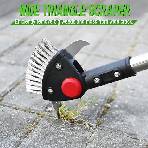 BARAYSTUS Crack Weeder Long Handle 3-in-1 Adjustable Crevice Cleaning Tool with Stainless Steel Weed Brush with 2 Scrapers Weed Puller Tool for Driveway, Patio Sidewalk to Remove Moss Weeds Dirt