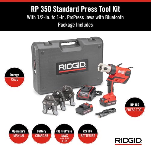 RIDGID 67058 RP 350 ProPress Pressing Tool and Battery Kit with ProPress Tool, 1/2" to 1" ProPress Jaws, 18-Volt Battery, Charger, and Case - style: Battery Kit W/ProPress Jaws (1/2" - 1" Jaws Capacity)