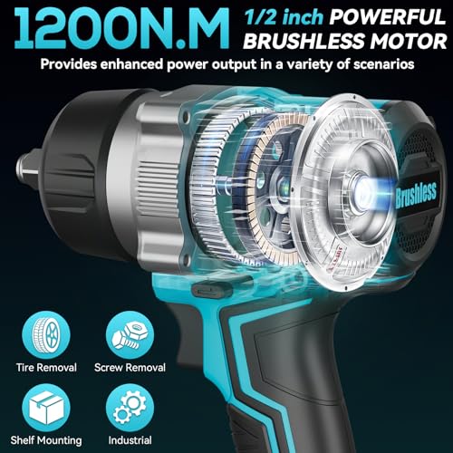 1/2 Inch Cordless Impact Wrench, 900 Ft-lbs (1200 N·m) High Torque Brushless Impact Driver Gun, 2300 RPM, 2×4.0 Ah Batteries, LED Light, 4 Sockets, Variable Speed Power Tool for Car & Tire Removal - size: Large