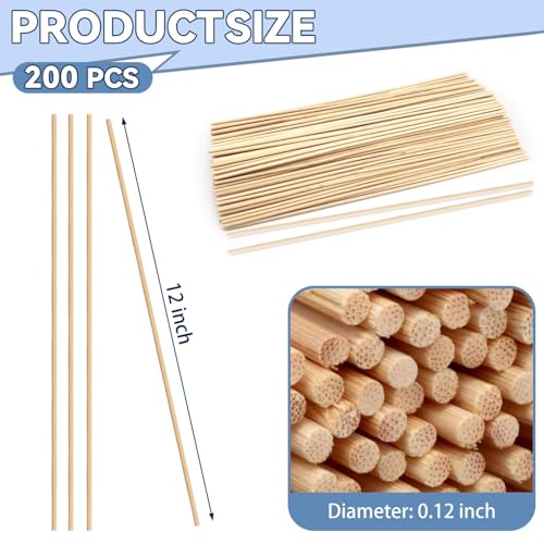 200 Pcs Wooden Dowel Rods, 1/8 x 12 Inch Bamboo Sticks for Crafts - size: 1/8 x 12"