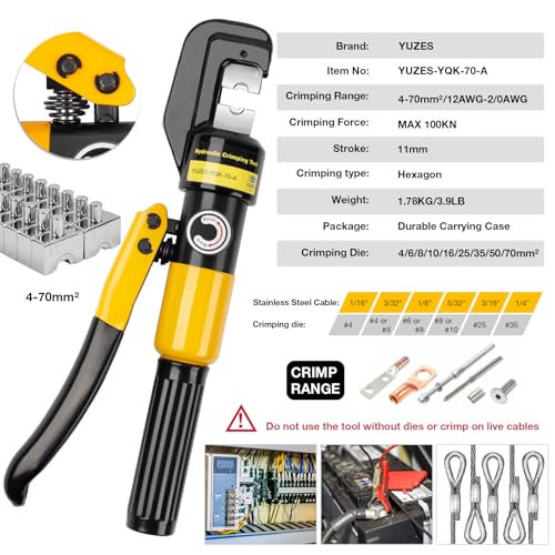 YUZES 10-Ton Hydraulic Crimping Tool, 12 to 2/0 AWG Battery Cable Crimper