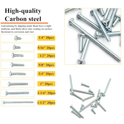 160 Pcs 8 Sizes #4-40 Machine Screws Knob Screw Cabinet Screws Electricians Screw, Carbon Steel Zinc-Plated Phillips Pan Head Machine Screws Assortment Kit - size: #4-40-8Size-160P