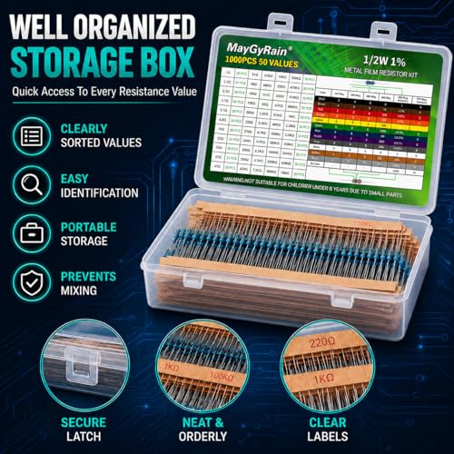 50 Values Metal Film Resistor Kit,1/2W 1% High Precision Axial Lead Resistors, Resistor Assortment with Storage Box for DIY Projects,Electronic Repair Circuit (1/2W-50Values-1000PCS, Metal) - style: 1/2W-50Values-1000PCS