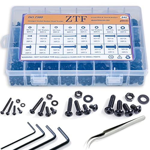ZTF 840PCS Hex Button Head Cap Bolts Screws Nuts Washers Assortment Kit, M2 M3 M4 M5 Bolts Screws with Storage Box, 10.9 Grade Alloy Steel Machine Thread, ISO 7380 Allen Socket Drive - style: Button Socket Head