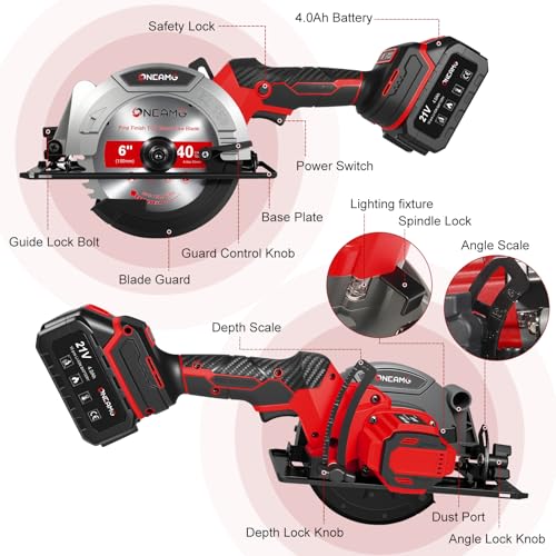 6" Cordless Circular Saw, 21V Compact Wireless Circular Saw, 4.0Ah Battery, 5800RPM, Max Cut 2-1/6" (90°), 1-1/4" (45°),w/40T & 60T Blades,Fast Charger (1Hr),Applicable to Wood,Aluminum & Plastic