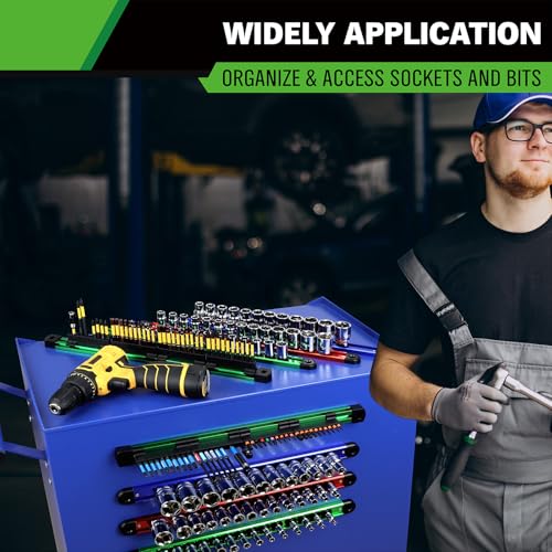 8-Piece Magnetic Socket & Bit Organizer Kit, 1/4'' 3/8'' 1/2'' Heavy Duty Socket Holder Holds 80 Clips, Aluminum Sockets Rail for Tool Box Drawer, 1/4'' Slidable Drill Bit Organizer Holds 80 Bits - style: Multi-Color 8-Piece