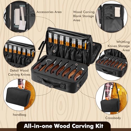 Wood Carving Kit Deluxe, 35-in-1 Whittling Kit for Beginners, With 8PCS Whittling Knives & 12PCS Detail Wood Carving Knives, Black Walnut Wood Handle, Wood Carving Kit for Beginners and Enthusiasts