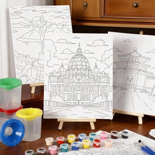 Sherr 140 Pcs 20 Set Pre Drawn Canvas Painting Kit, Landmarks - style: Landmarks