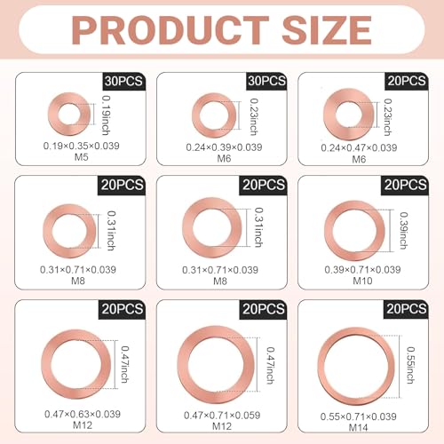 200 PCS Car Copper Washers Assortment Kit, Metric Copper Crush Washer, 9 Sizes Flat Sealing Washer Assortment Kit, Universal Copper Oil Pan Plug Sealing Gaskets for Cars (Gold)