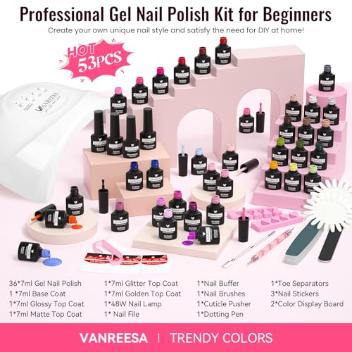 VANREESA Gel Nail Polish Kit with U V Light 53 Pcs Gel Polish Nail Set 36 Colors Nail Polish Set + Base and 4 Effects Top Coat with Manicure Tools Complete DIY Nail Kit Gifts for Women Girls - color: Charming Moments
