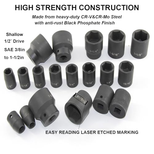 MacWork 19 Piece 1/2-Inch Drive Standard/Shallow Impact Socket Set, SAE, 3/8" to 1-1/2", CR-V&Cr-Mo Alloy Steel, 6-point Hex Radius Corner Design