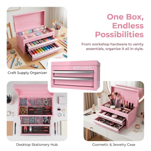 KITLUCK Mini Metal Tool Box, 2-Drawer Top Chest with Ball Bearing Slides, PVC Liners, Durable Cold Rolled Steel Small Tool Organizer for DIY Home Office Multi-Purpose Storage,Pink - color: PINK