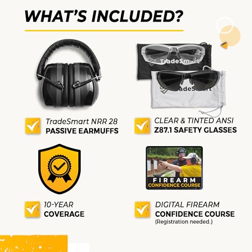 TradeSmart Shooting Ear Protection for Gun Range, NRR 28 Earmuffs & Eyewear - color: Clear+tint - Grey