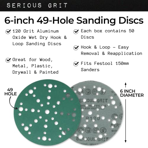 Serious Grit - 6-Inch 49-Hole P120 Grit Sanding Discs - 50 Pack Box - size: 120 Grit