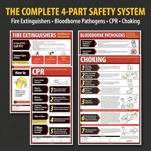 ComplyRight Lifesaving Poster Set Including Fire Extinguishers, 18" x 24", Bloodborne Pathogens, CPR, & Choking, Safety Signs for Workplace - color: Lifesaving Poster Set