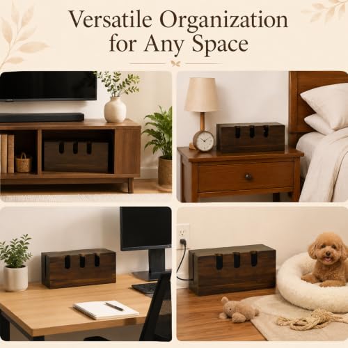 Large Cable Management Box, Wooden Cord Organizer Box with Lid