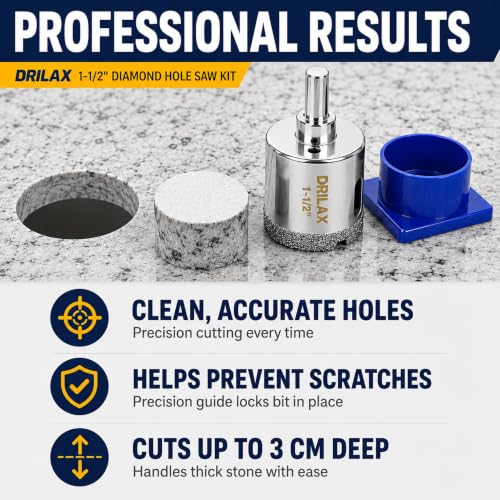 Drilax 1-1/2 Inch Diamond Hole Saw with Water Delivery System Guide Easy Drilling for Quartz, Granite, Marble, Porcelain, Ceramic, Glass Tiles - Complete Kit for Precise DIY Holes 1.5 inch - size: 1-1/2 inch