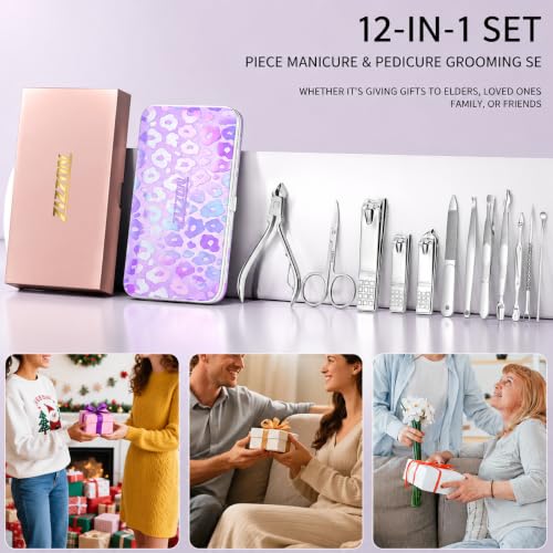 Manicure Set, Stainless Steel Nail Clipper Set with Travel Case - color: Silver and Purple