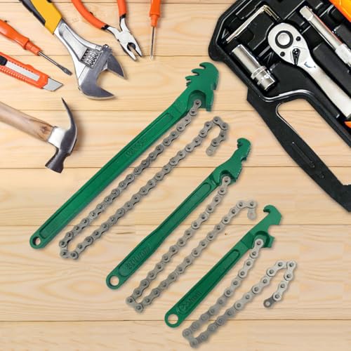 3 PCS Chain Wrench Set, Green Adjustable Chain Oil Filter Wrench (9", 12", 16"), Heavy Duty Carbon Steel Pipe Wrench for Automotive Repair & Plumbing