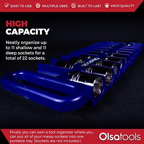 Olsa Tools Magnetic Portable Socket Organizer Tray - 1/2-Inch Drive - Blue Holder for Deep & Shallow Sockets - Fits up to 1-3/16" SAE or 30mm Metric - Storage Rack - Part 1080 - color: Blue, size: 1/2-Inch Drive