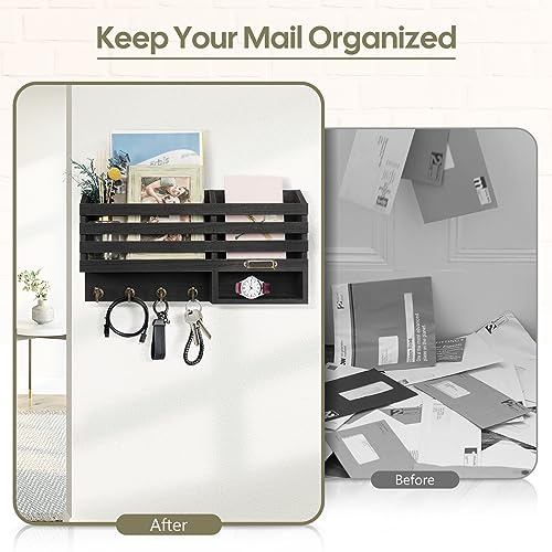 FifthQuarter Mail Holder Wall Mount with 2 Mail Slot and 4 Sturdy Hooks - color: C-Black
