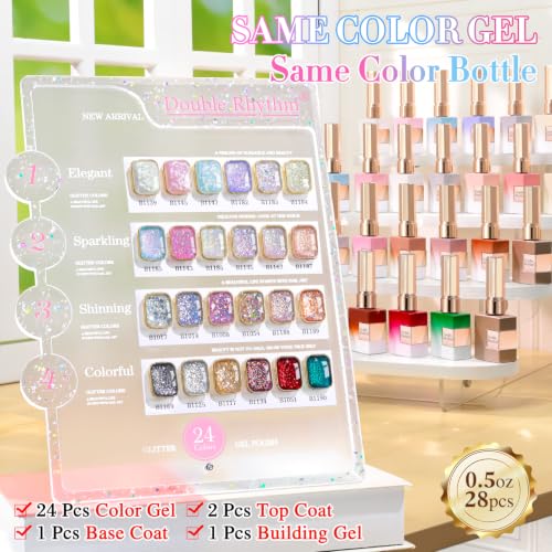 Double Rhythm 28Pcs 0.5Oz Glitter Gel Nail Polish Set Same Color Same Bottle Kit Nail Art Manicure Salon DIY at Home (Sparkle Pearl Shimmer Collection-T24-9) - color: Pearl Glitter Rose Gold