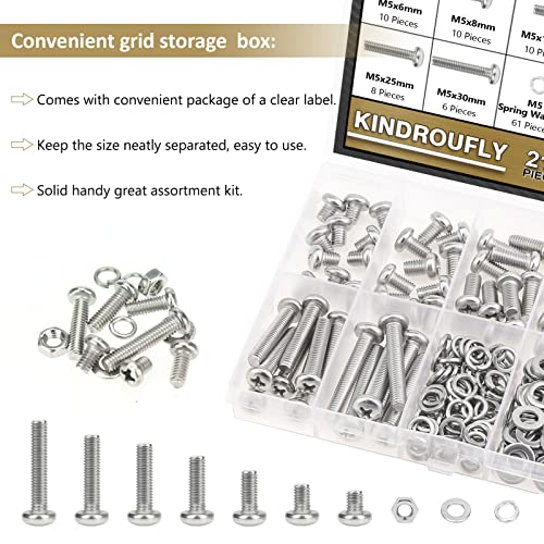 212 Pieces M5 x 6/8 /12/16 /20/25 /30mm Phillips Pan Head Machine Screws Nuts Washers Assortment Kit, 304 Stainless Steel, Fully Machine Thread - size: M5, style: Phillips Pan Head