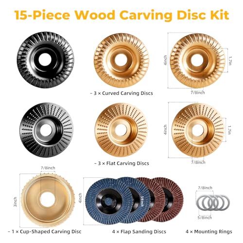 15-Piece Wood Carving Disc Kit for 4"-4.5" Angle Grinders, 5/8" Arbor, Complete Set for Shaping, Grinding & Sculpting Wood, Metal, Resin