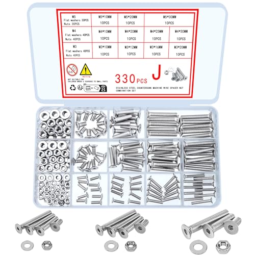 330 Pcs Countersunk Head Hexagon Socket Screws Bolts and Nuts and Washers Assortment Kit, M3 M4 M5 Metric Stainless Steel Bolts and Machine Screws and Nuts and Washers Set for Home Industrial