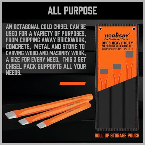 HORUSDY 3-Pieces Heavy Duty Cold Chisels Set, Long 8", 10", 12", with Roll Pouch, 1 in, 7/8 in, 25/32 in - size: 3-Piece (Long)