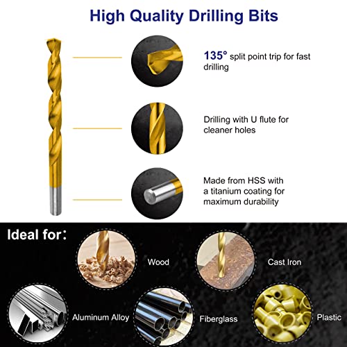99 Pieces Titanium Twist Drill Bit Set, 135° Tip High Speed Steel, Size from 1/16" up to 3/8", Ideal Drilling in Wood/Cast Iron/Aluminum Alloy/Plastic/Fiberglass, with Hard Storage by HURRICANE - size: 99 Piece Twist Drill Bits Set 135°