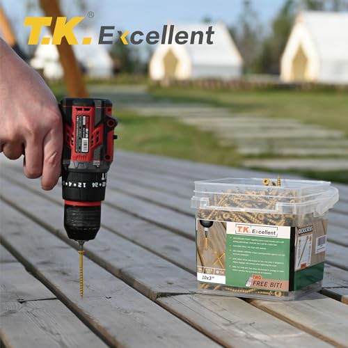 T.K.Excellent Deck Screws 3 Inch Wood Screws #10 x 3, 315 Pcs, Rust Resistant Structural Screws Tan Exterior Fence Screws Torx Drive Screw, Two T25 Bits, Brilliant Yellow Ruspert Coating Rust Proof - size: #10×3