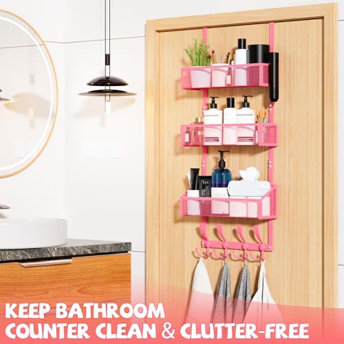 Kaiferty Over The Door Hooks Organizer, Coat Rack Over The Door Storage Hanger Towel Rack, Back of Door Storage Organizer for Bathroom,Bedroom,Kitchen,Office (Pink, 4-Tier) - color: Pink, size: 4-Tier