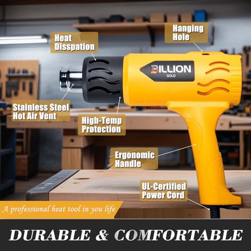 Heat Gun, BILLION GOLD 1800W Hot Air Gun 752℉-1112℉ with 2 Temperature Setting, Heat Gun for Crafting, Shrink Tubing, Paint Removing - 2 Nozzles - color: Yellow-2