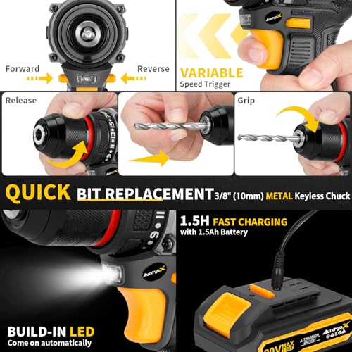 AwxryoX Brushless Compact Drill Tool Set, 60N.m 20V Cordless Drill Tool Box with 2 Battery, 135Pcs Man Household Combo Set with DIY Hand Taladros Kits, 531 In-lb Kit with Drill for Daily Home Repair