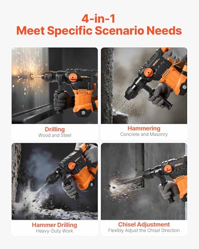 VEVOR 1-1/4 Inch SDS-Plus Rotary Hammer Drill, 13 Amp Corded Drills, Heavy Duty Chipping Hammers w/Vibration Control & Safety Clutch, Electric Demolition Hammers Variable Speed, Power Tool For Concret - size: 1-1/4 in