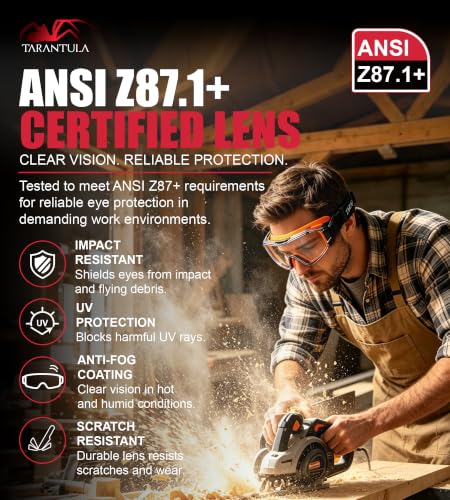 ANSI Z87.1+ Safety Goggles Over Glasses, Anti-Fog&Anti-Scratch UV380 Lenses - color: Orange