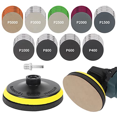 Pomsare 45PCS 5 Inch Wet Dry Sanding Discs Kit with Hook and Loop Backing Pad 5/8-11 and Foam, Angle Grinder Drill Sanding Attachment, Sander for Drill 400 to 5000 Grits Sandpaper for Wood Metal Car - style: 5 Inch