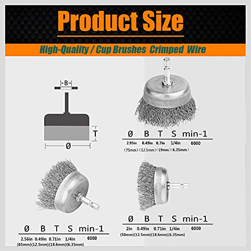 20- Pack Wire Brush Cup Wheels Drill, 1/4 Inch Hex Shank for Rust Removal | 0.012 inch Coarse Carbon Steel, Cleaning Rust and Abrasive, Wire Wheel Brush Drill Attachments