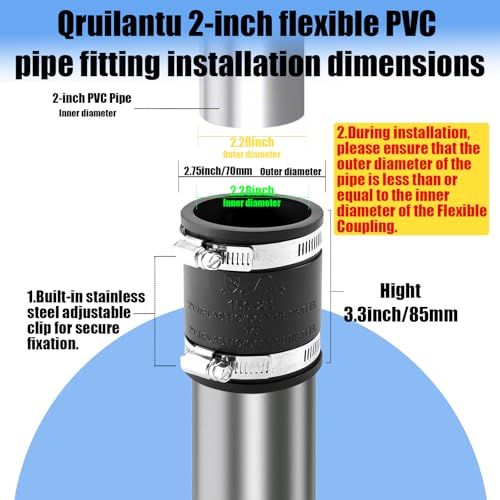 2" Flexible Pvc Pipe Coupling with Stainless Steel Clamp, Flexible Fitting for Connecting Cast Iron, Plastic and Copper Pipes, for Sewer and Drain Connections(Black) - size: 2 Inch