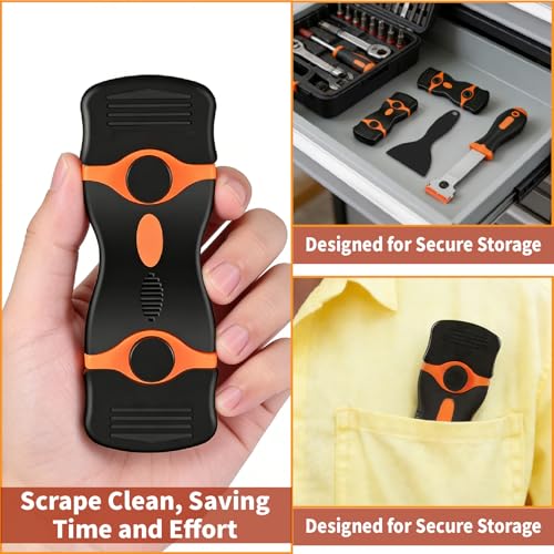 Razor Blade Scraper Tool -4 Pack Cleaning scrapper with 10 Metal & 10 Plastic Razor Blades Multi-Purpose Glass Scraper for Windows, Sticker, Decals, Cooktop, Paint Removal,Stovetop(Orange)
