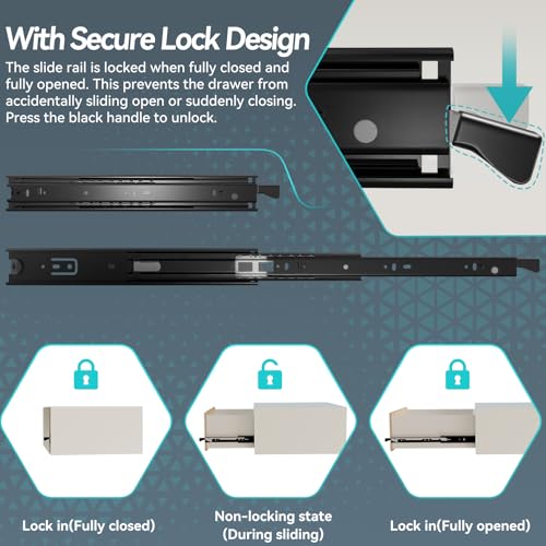 12 inch Locking Full Extension Ball Bearing Black Drawer Slides - color: Black, size: 12 Inch-With Lock